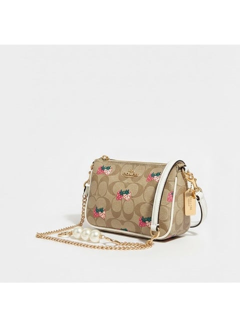 Coach bag, special edition strawberry print with a gold chain adorned with pearls